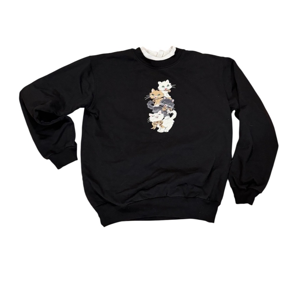 Meow! Vtg‎ Decorated Originals Black Cat Stack Sweatshirt Crewneck Pullover Sz S